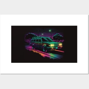 Retro Neon 80s Station Wagon on the Road Posters and Art